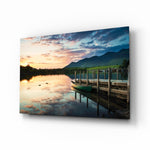 Lake Landscape glass wall art displayed above a console in a designer interior