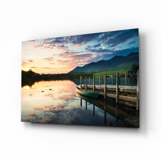 Lake Landscape glass wall art displayed above a console in a designer interior