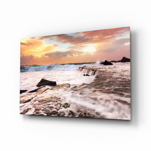 Vicious Waves glass wall art displayed above a console in a designer interior