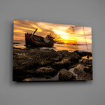Sunset shipwreck panel bringing maritime mood to a contemporary living space