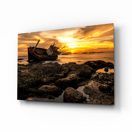 Ship Wreck glass wall art displayed above a console in a designer interior
