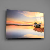 Beached boat sunset panel bringing maritime mood to a contemporary living space