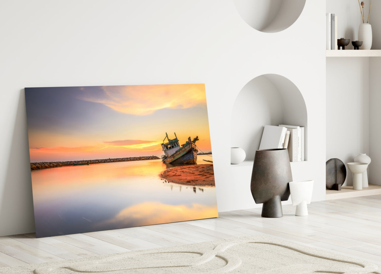 Ship On The Beach Glass Wall Art.