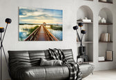 Long Dock on the Lake glass wall art styled above a desk in a contemplative study