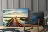 Long Dock on the Lake glass print enhancing a hallway with vanishing-point quiet