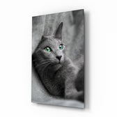 Cat glass wall art displayed above a console in a designer interior