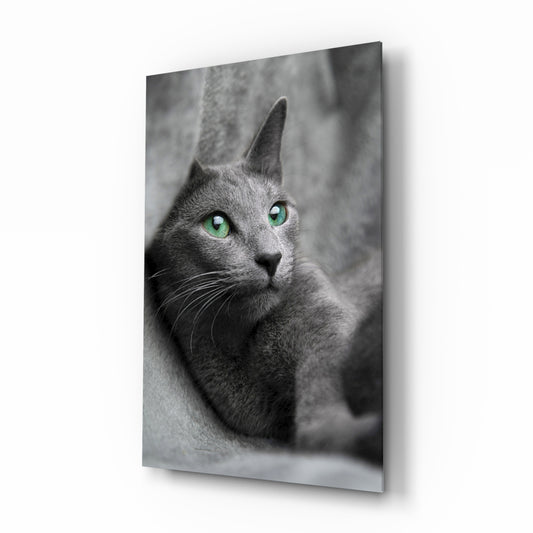 Cat glass wall art displayed above a console in a designer interior