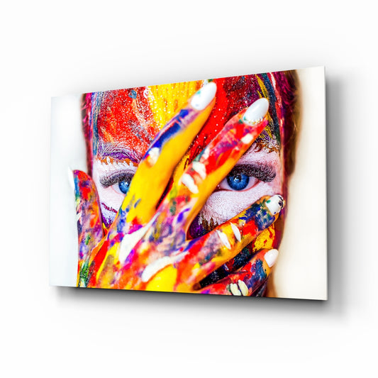 Woman Portrait glass wall art displayed above a console in a designer interior