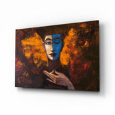 Abstract Woman Portrait glass wall art displayed above a console in a designer interior