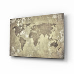 World Map glass wall art displayed above a console in a designer interior
