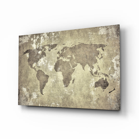 World Map glass wall art displayed above a console in a designer interior