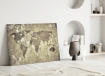 Close-up detail of sepia continents on weathered parchment texture