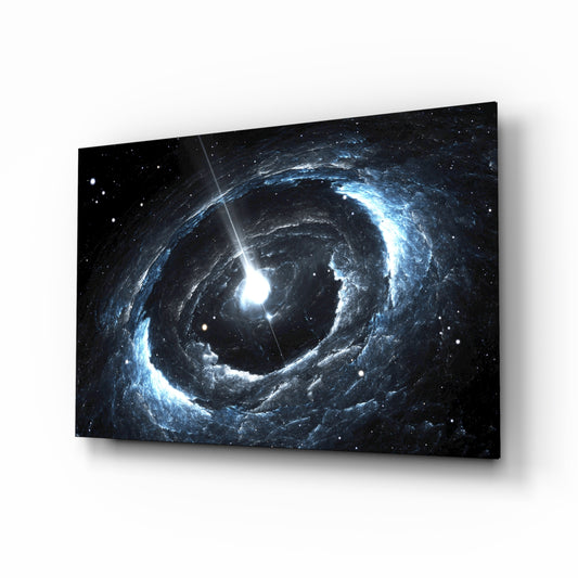 Cosmos glass wall art displayed above a console in a designer interior