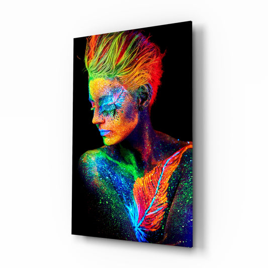 Woman Portrait glass wall art displayed above a console in a designer interior
