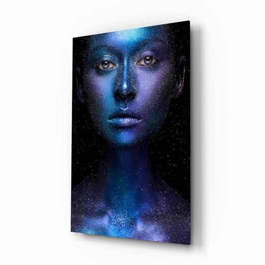 Woman Portrait glass wall art displayed above a console in a designer interior