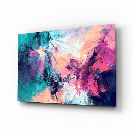 Abstract glass wall art displayed above a console in a designer interior