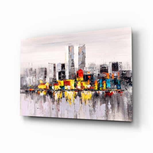 Abstract City glass wall art displayed above a console in a designer interior