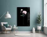Flower glass wall art styled above a bed in a blush-palette bedroom