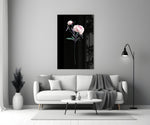 Close-up detail of the pink peony bloom and bud on dark ground