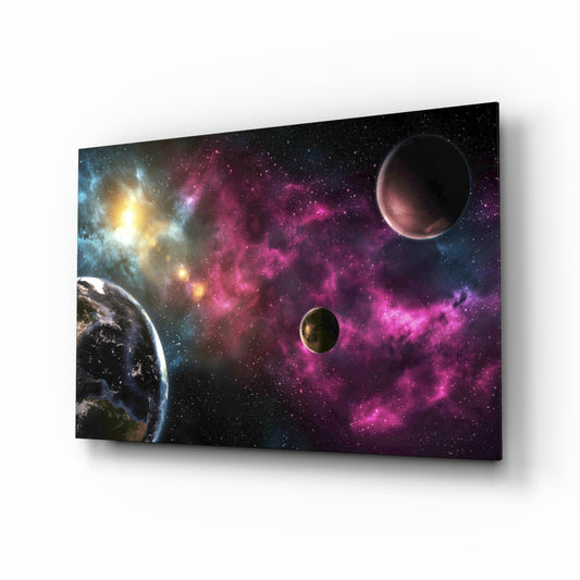 Space glass wall art displayed above a console in a designer interior