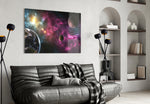 Space glass wall art styled above a desk in an imaginative study