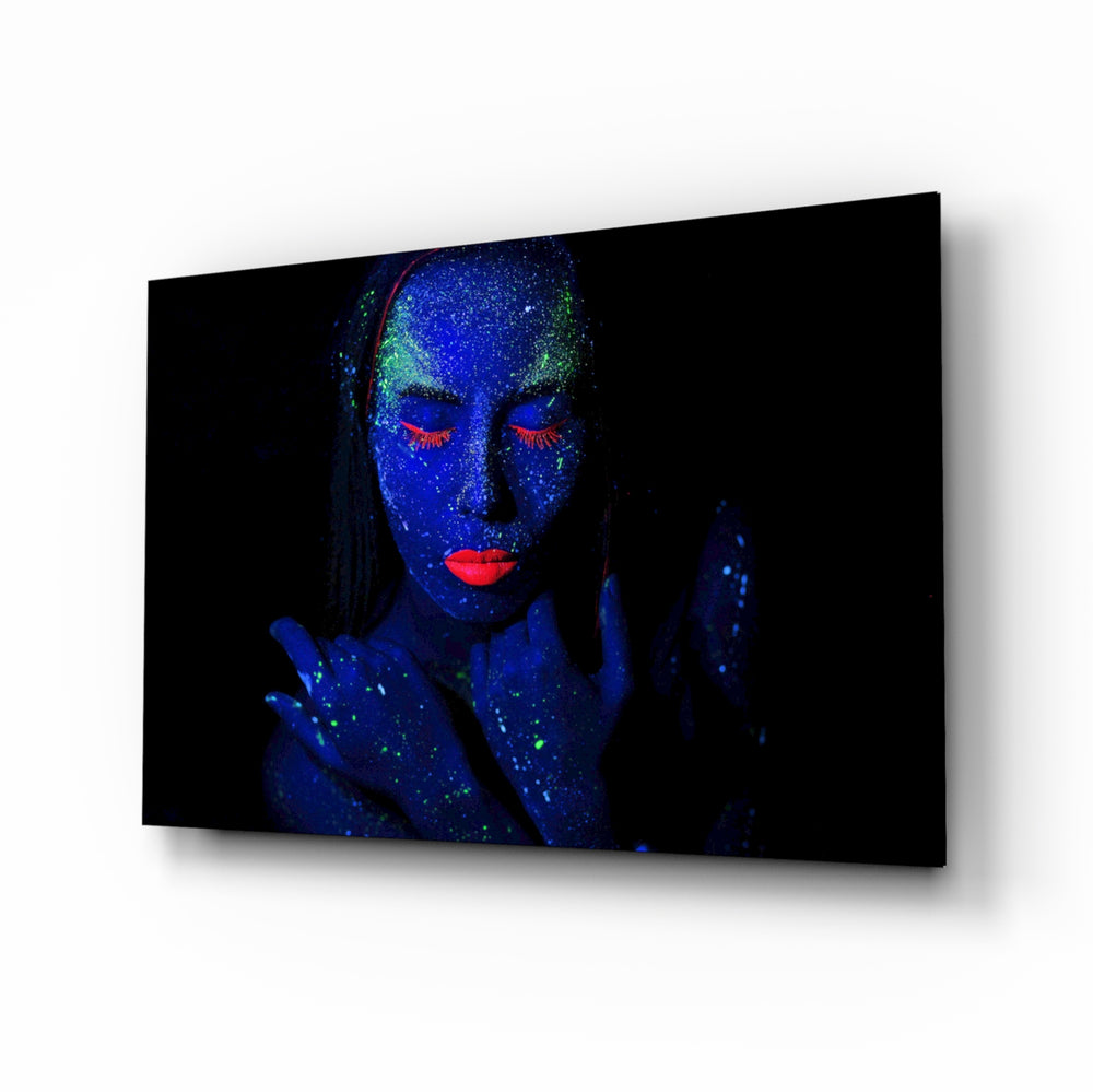 Woman Portrait glass wall art displayed above a console in a designer interior