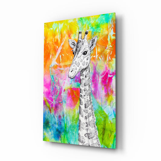 Giraffe glass wall art displayed above a console in a designer interior