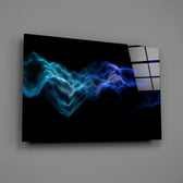 Cyan particle-wave panel bringing neon drama to a contemporary living space