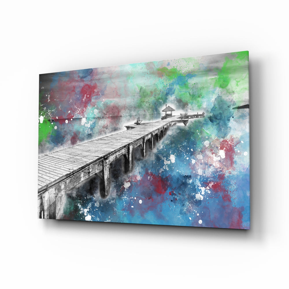 Illustration Dock glass wall art displayed above a console in a designer interior