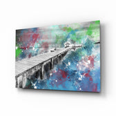Illustration Dock glass wall art displayed above a console in a designer interior