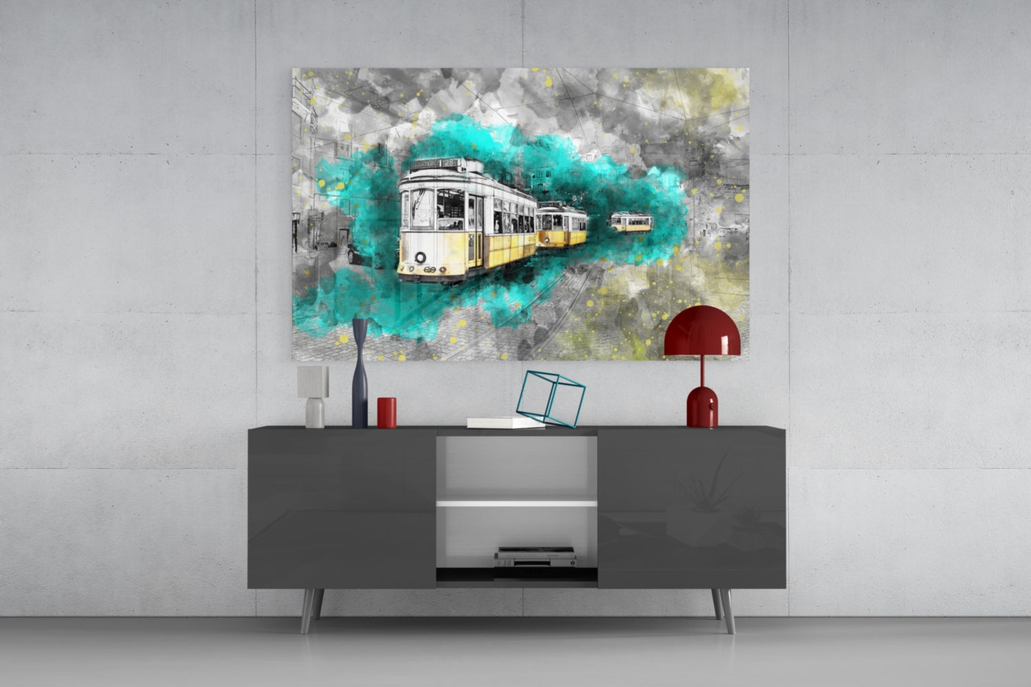 Illustration Tram Glass Wall Art.