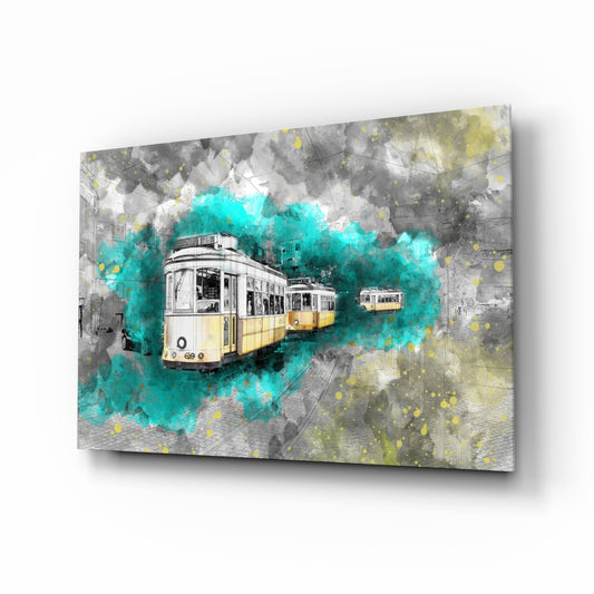 Illustration Tram glass wall art displayed above a console in a designer interior