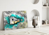Close-up detail of yellow Lisbon trams against teal watercolor splatter