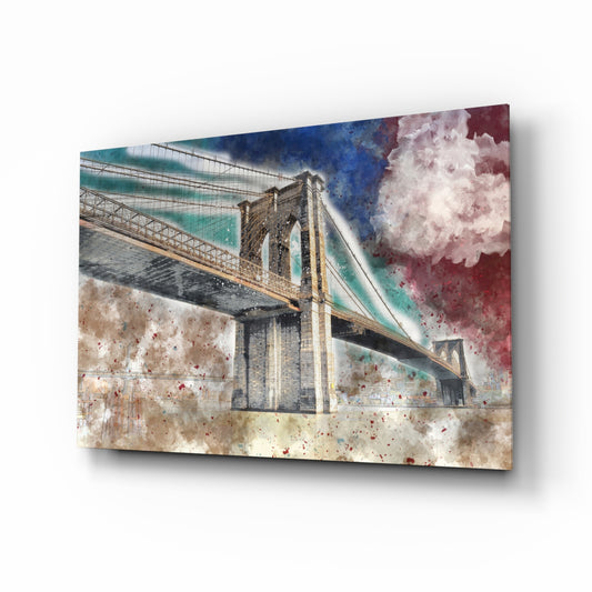Illustration bridge glass wall art displayed above a console in a designer interior