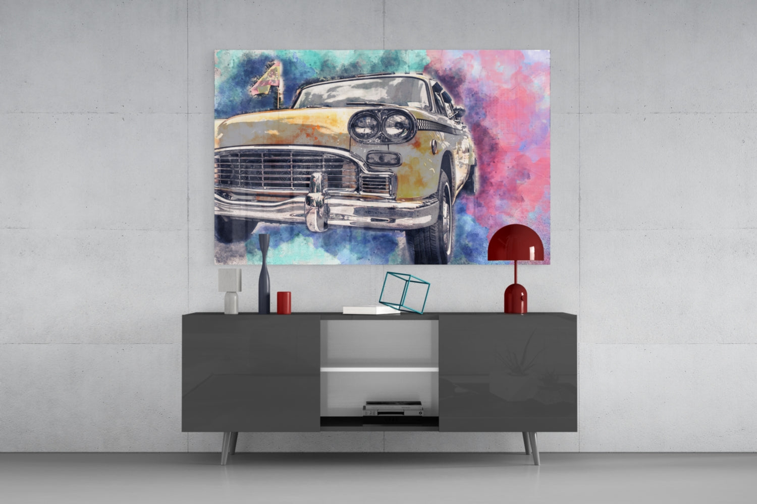 Illustration Taxi Glass Wall Art.