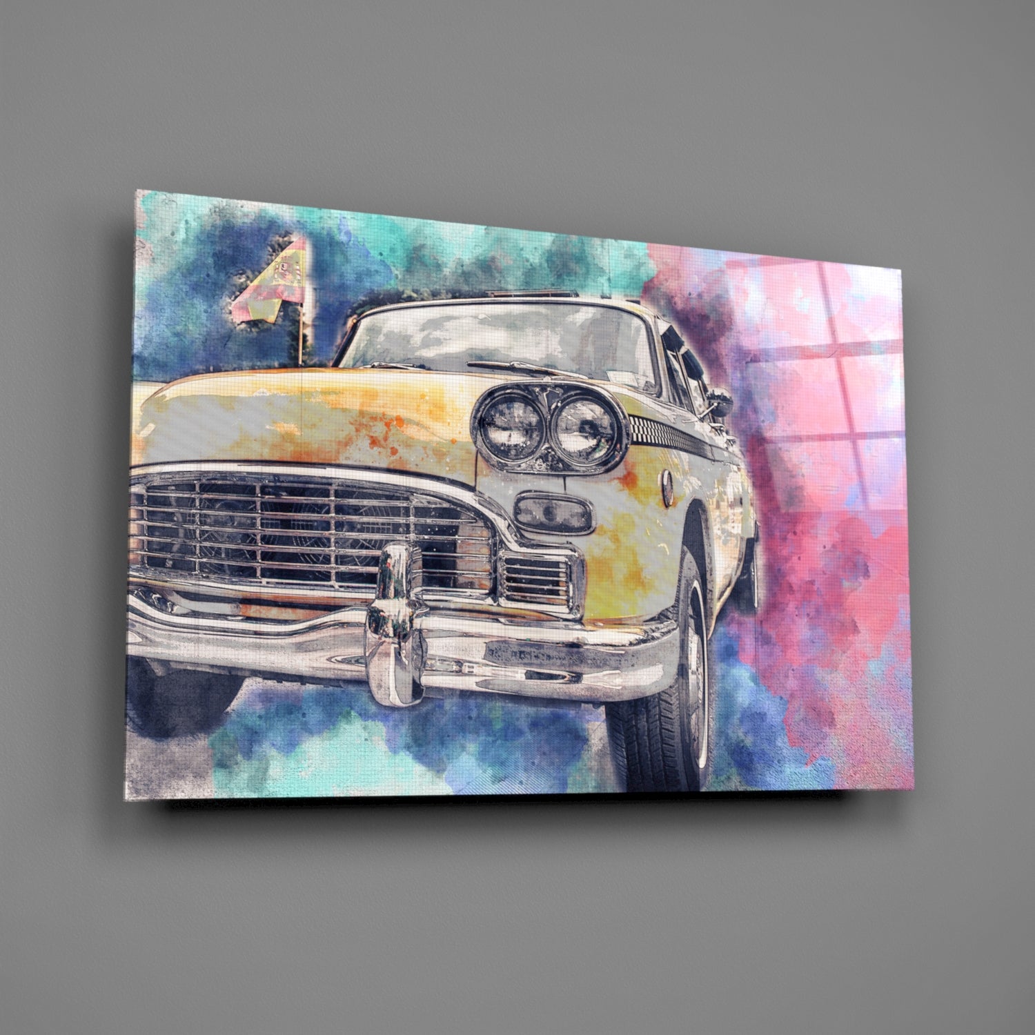 Illustration Taxi Glass Wall Art.