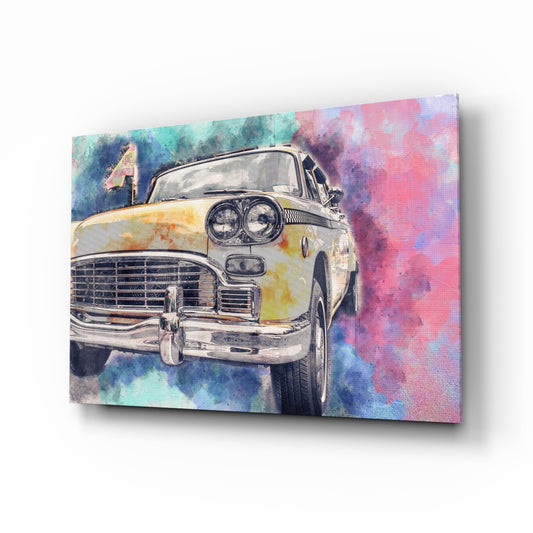Illustration Taxi glass wall art displayed above a console in a designer interior