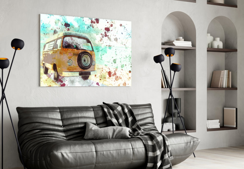 Illustration Vosvos glass wall art styled in a creative studio