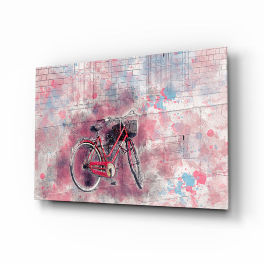 Illustration Bicycle glass wall art displayed above a console in a designer interior