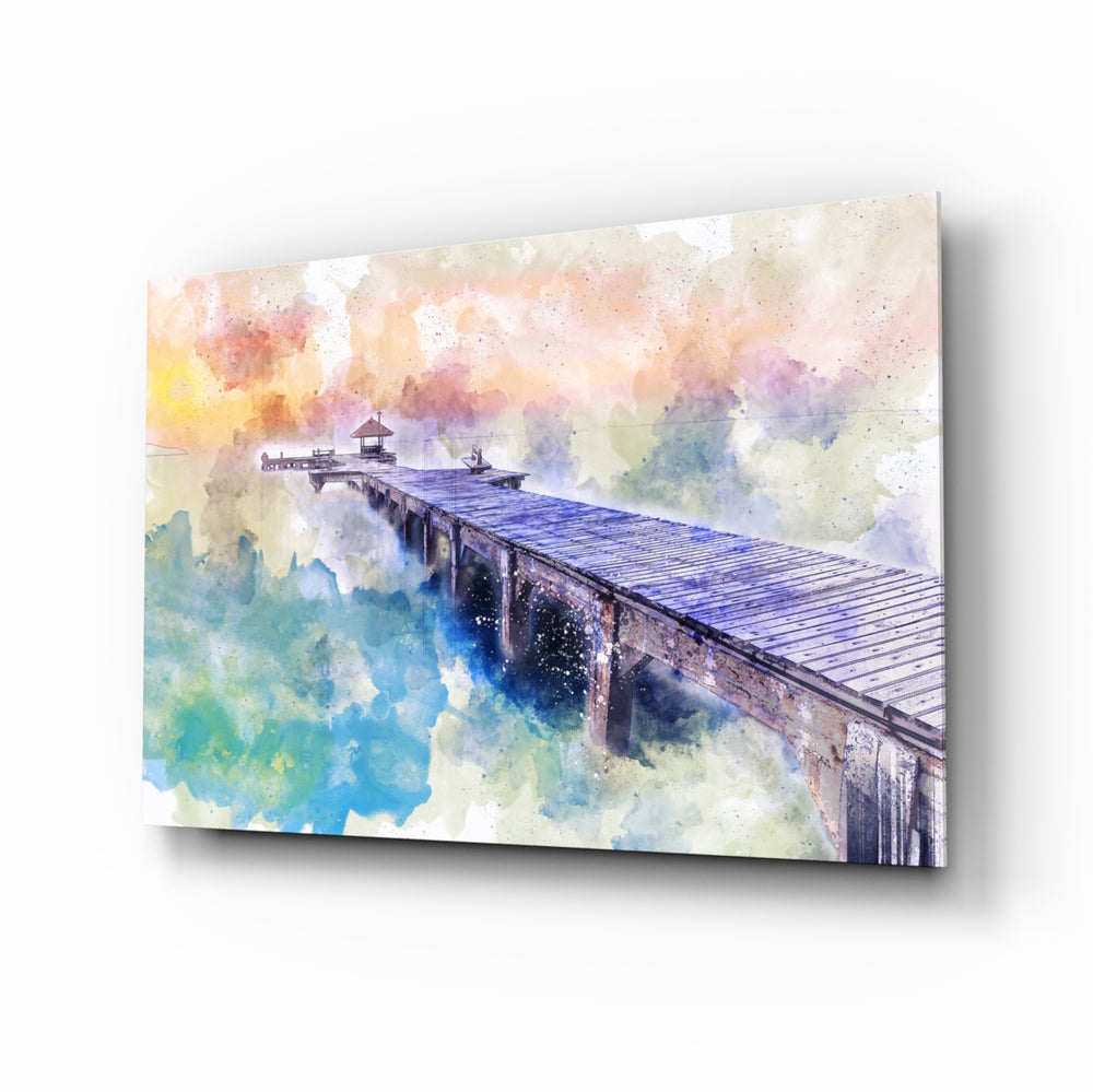 Illustration Dock glass wall art displayed above a console in a designer interior