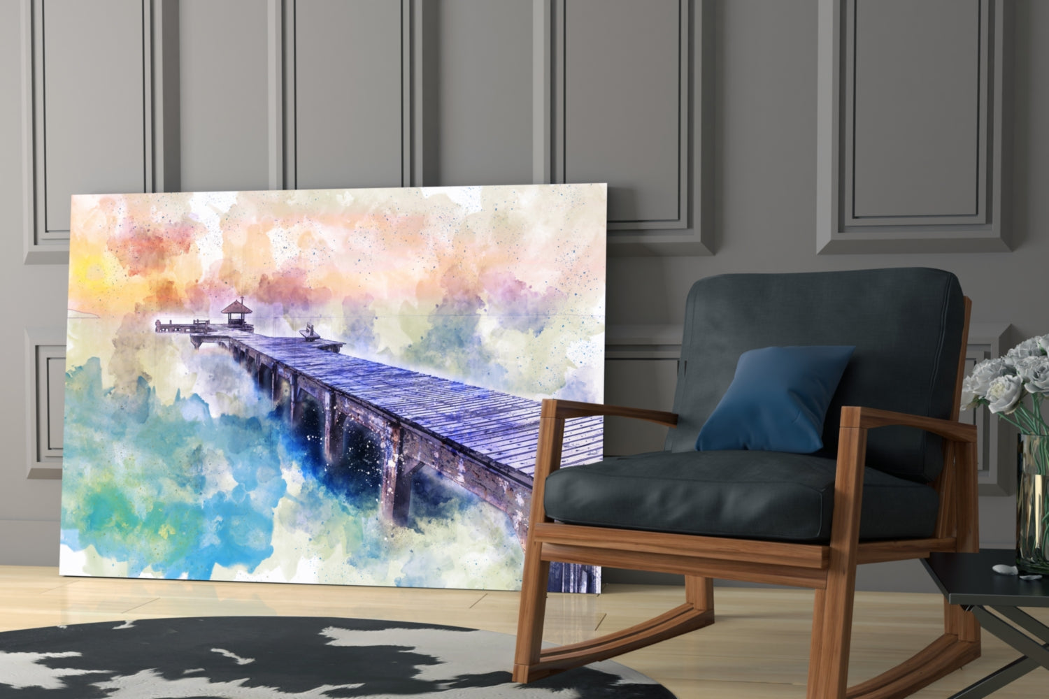 Illustration Dock Glass Wall Art.