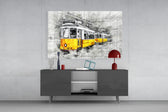 Yellow Tram Basel panel catching daylight to reveal its pencil cross-hatching