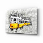 Yellow Tram Basel glass wall art displayed above a console in a designer interior