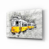 Yellow Tram Basel glass wall art displayed above a console in a designer interior