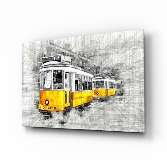 Yellow Tram Basel glass wall art displayed above a console in a designer interior