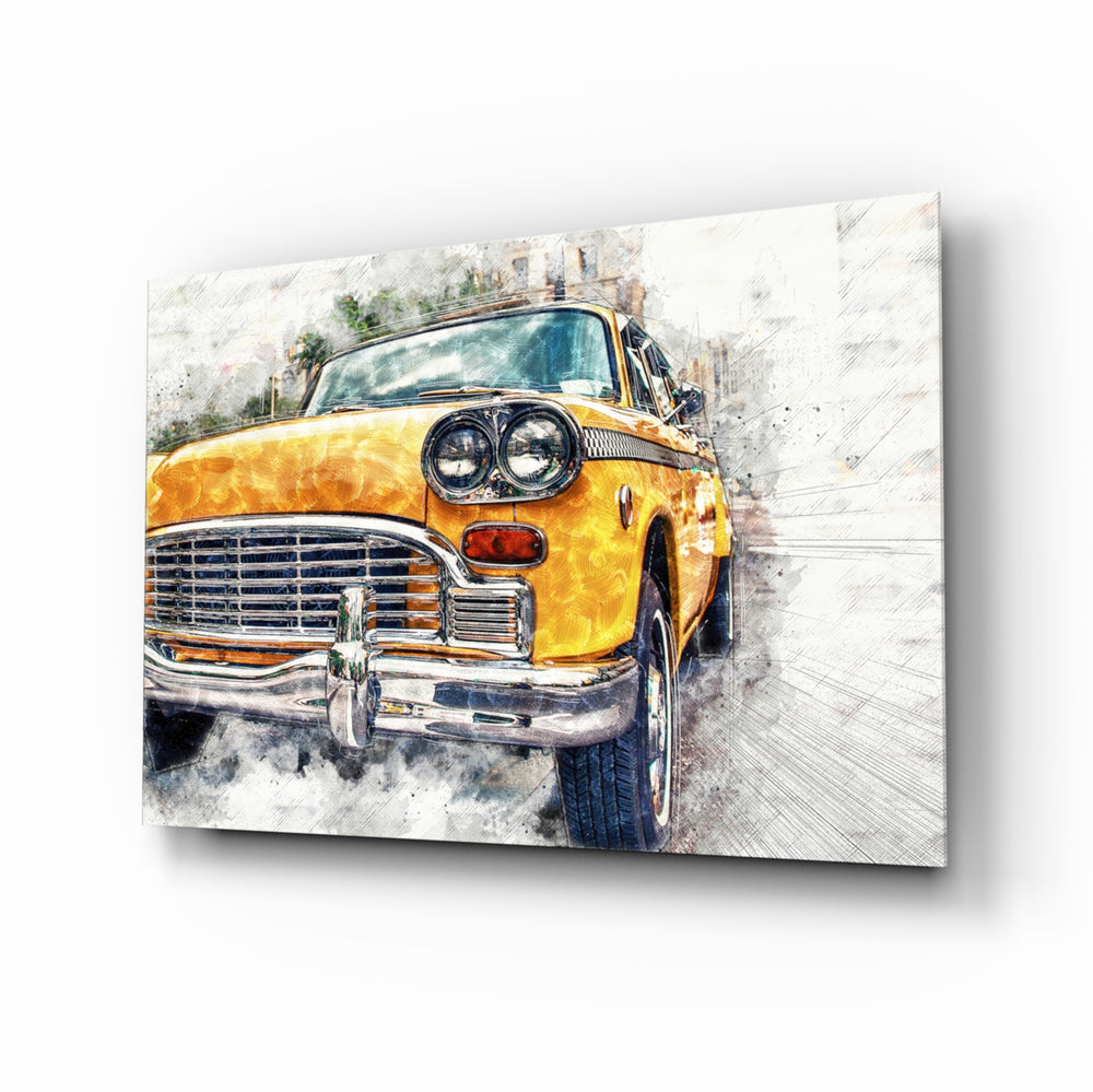 Classic Chevrolet glass wall art displayed above a console in a designer interior