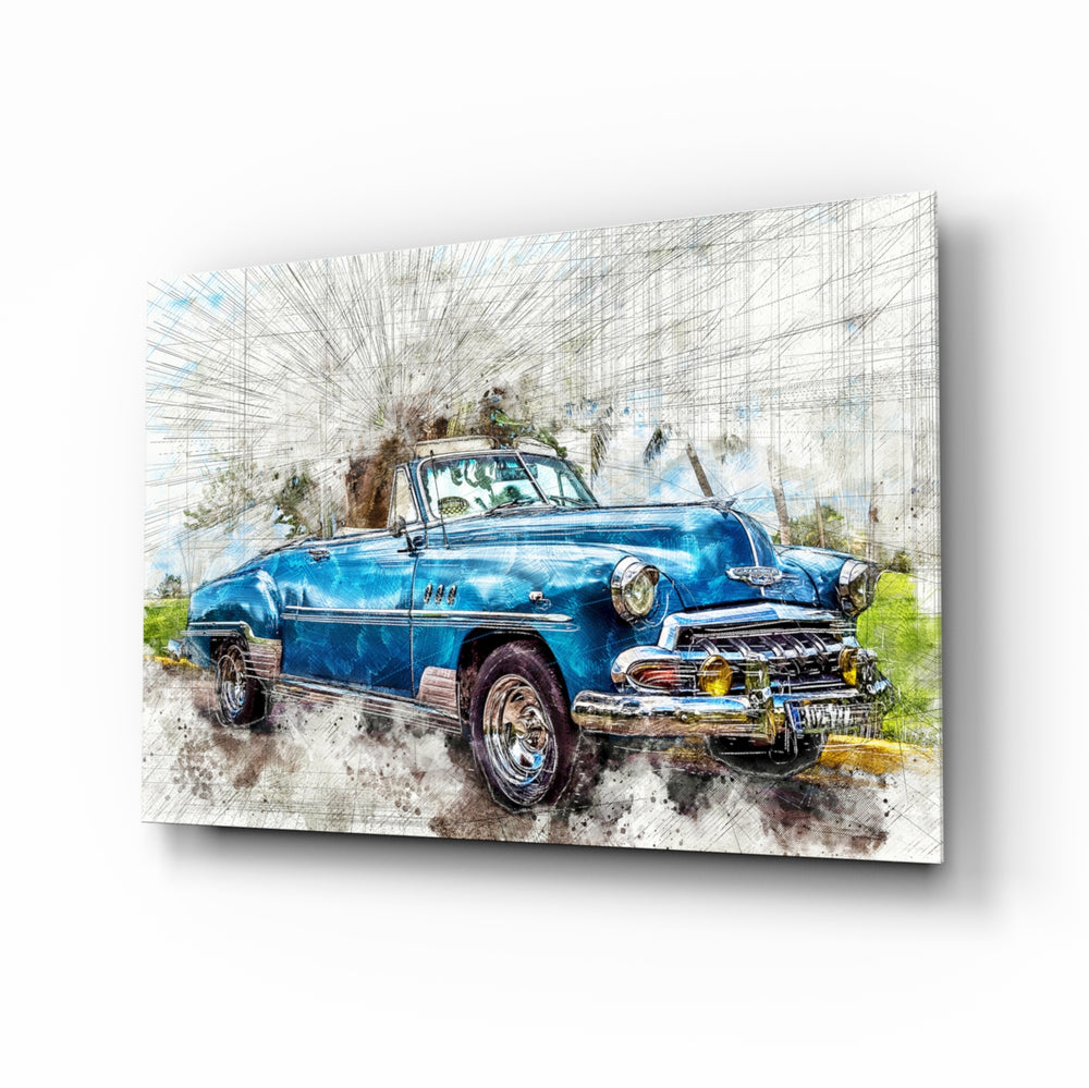 Classic Chevrolet glass wall art displayed above a console in a designer interior