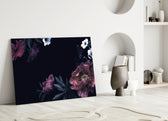Close-up detail of magenta peonies and white petunias against deep navy