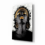 African Woman Portrait glass wall art displayed above a console in a designer interior