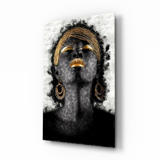 African Woman Portrait glass wall art displayed above a console in a designer interior